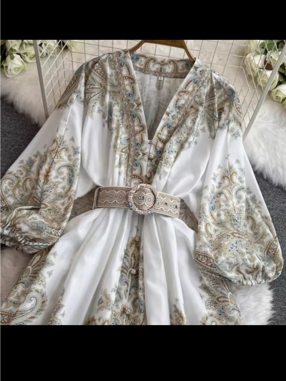 Boho NWOT V-Neck Mini Dress in Ivory with Teal & Tan Paisley - Picture 10 of 10